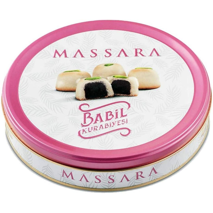 Massara Babylon Date Filled Cookies with Pistachios Round Tin, 250g