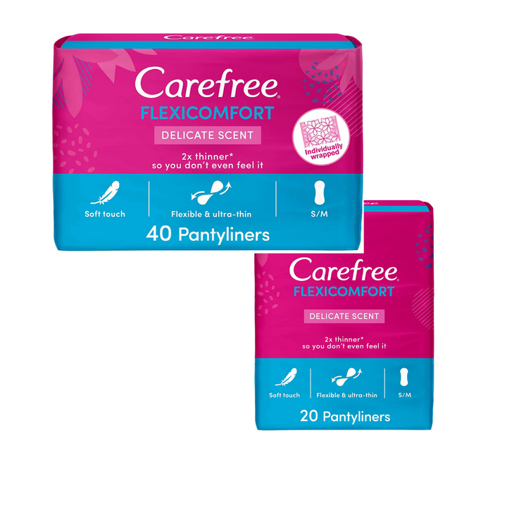 Carefree Daily Panty Liners, FlexiComfort, Delicate Scent, Pack of 40 + 20 Free