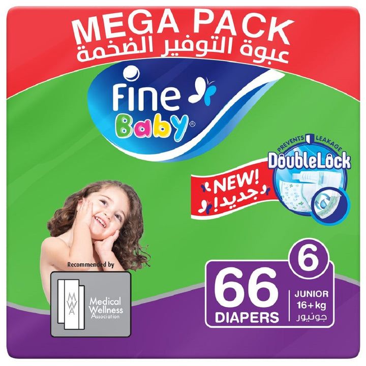 Fine Baby Diapers DoubleLock Technology Size 6 Junior 16kg + Mega Pack 66 diaper count