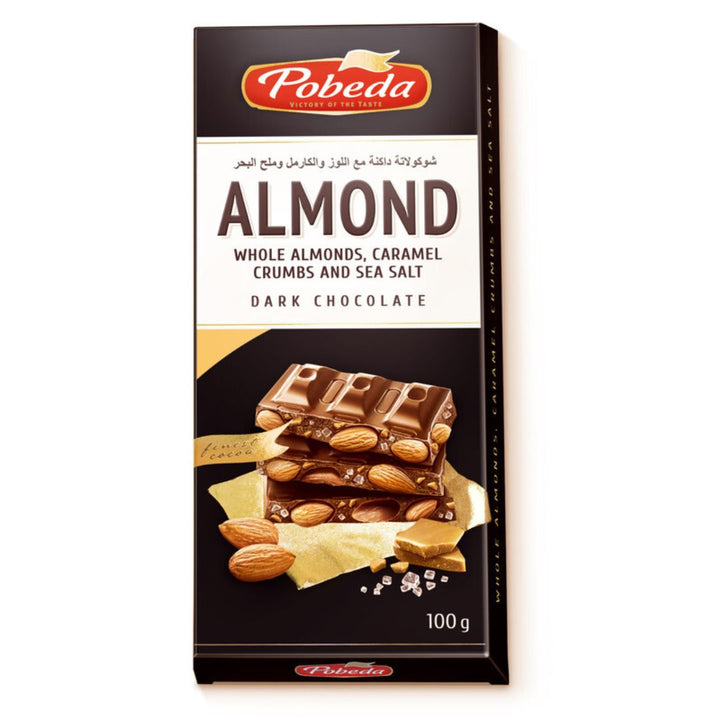 Pobeda Almond Whole Almonds, Caramel Crumbs And Sea Salt Dark Chocolate, 100g