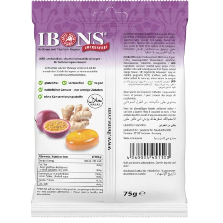 Ibons Candy, Ginger-Passion Fruit, Sugar-Free, 75 g