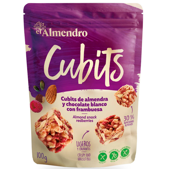 El Almendro Almond and White Chocolate Cubits with Raspberry, 100g