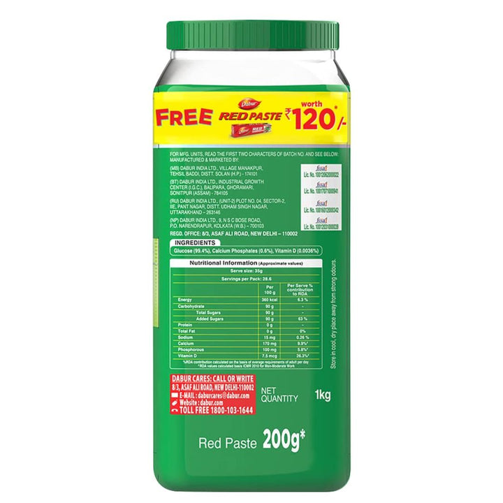 Dabur Glucose D Instant Energy Glucose, 1 kg with Dabur Red Paste free