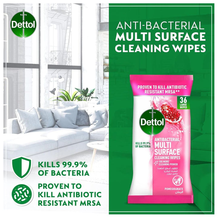 Dettol Pomegranate Antibacterial Multi Surface Cleaning Wipes, 36Wipes