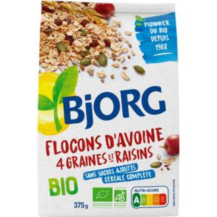 Bjorg Flocons d'Avoine Bio 4 Graines et Raisin (Oat Flakes with Seeds & Raisins), 375g