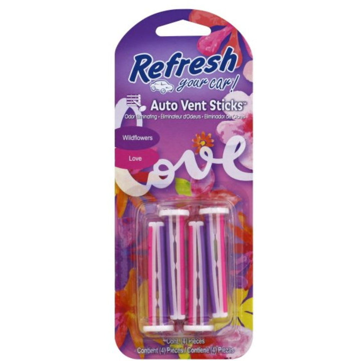 Refresh Auto Vent Sticks Car Air Freshener, Wildflowers Love Scent, 4Pc