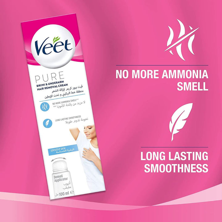 Veet Pure Bikini & Underarm Hair Removal Cream With Domed Applicator, 100ml