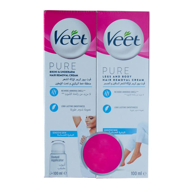 Veet Pure Hair Removal Cream Bikini & Underarm 100ml + Legs & Body For Sensitive Skin 100ml