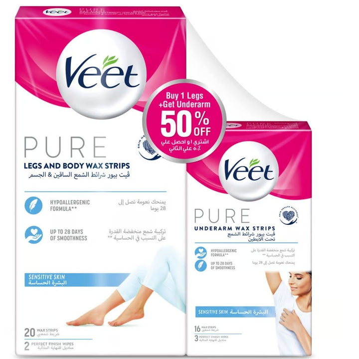 Veet Pure Leg & Body Wax Strips , Underarm Wax Strips, 20strips